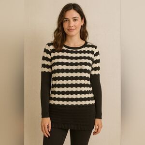 Fiancee Black & Cream Thick &  Soft Striped Scalloped Tunic Sweater Sz. one size